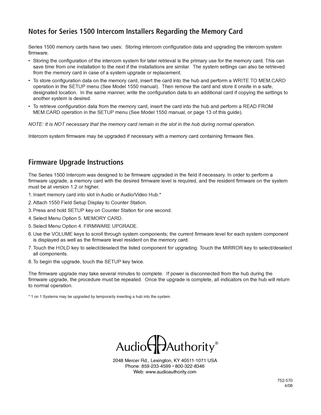 Audio Authority Series 1500 manual Firmware Upgrade Instructions 