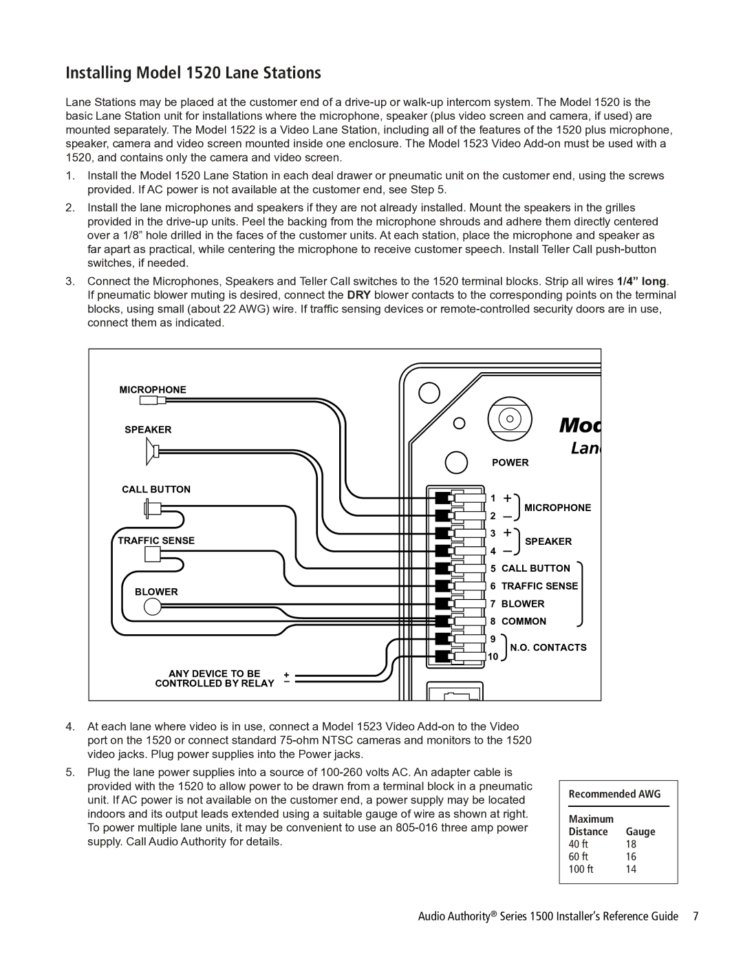 Audio Authority Series 1500 manual Installing Model 1520 Lane Stations 