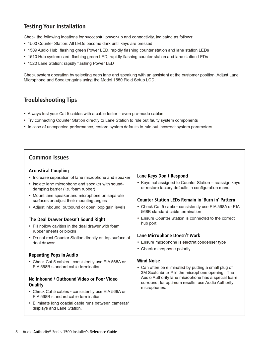 Audio Authority Series 1500 manual Testing Your Installation, Troubleshooting Tips, Common Issues 