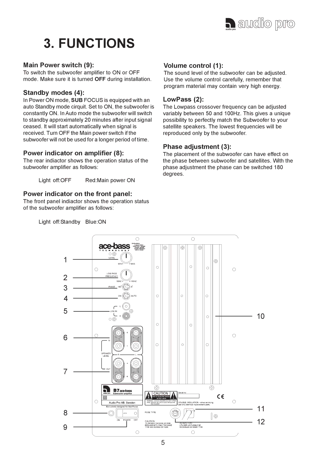 Audio Pro 115V 0502 instruction manual Functions 