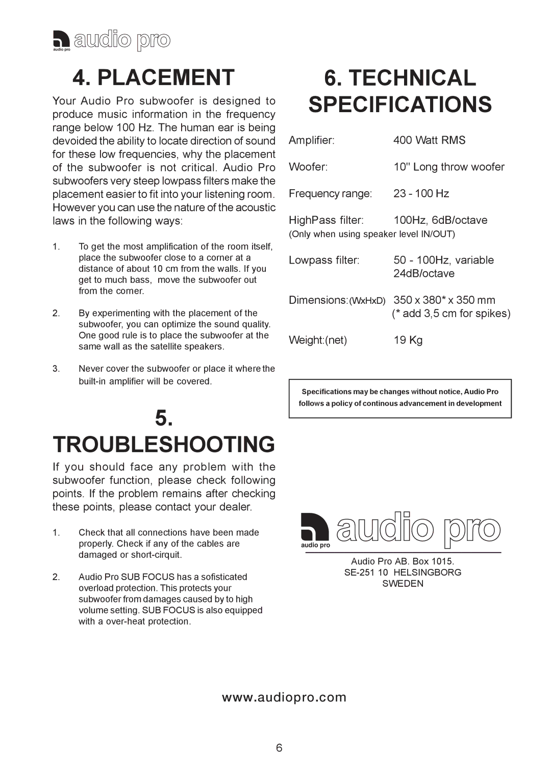 Audio Pro 115V 0502 instruction manual Placement, Troubleshooting, Technical Specifications 