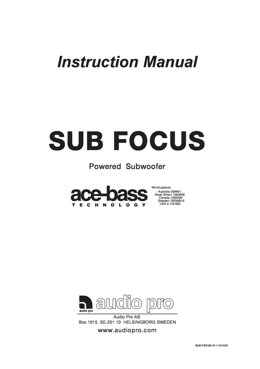 Audio Pro 115V 0502 instruction manual ace-bass, Powered Subwoofer, audio pro, Sub Focus Us 