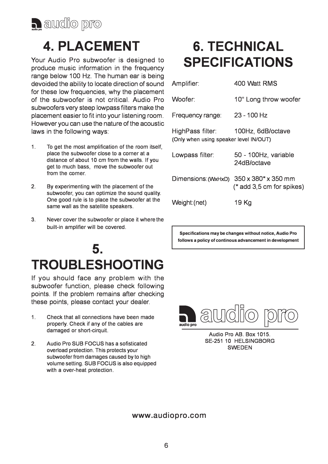 Audio Pro 115V 0502 instruction manual Placement, Troubleshooting, Technical Specifications 