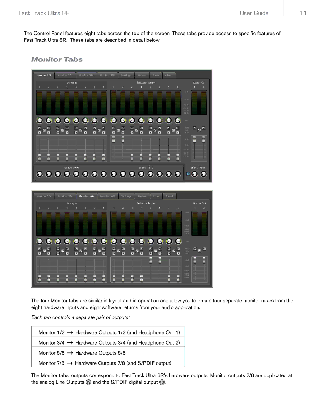 Audio Pro 8R manual Monitor Tabs, Each tab controls a separate pair of outputs 