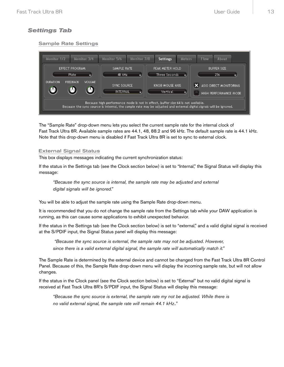 Audio Pro 8R manual Settings Tab, Sample Rate Settings, External Signal Status 