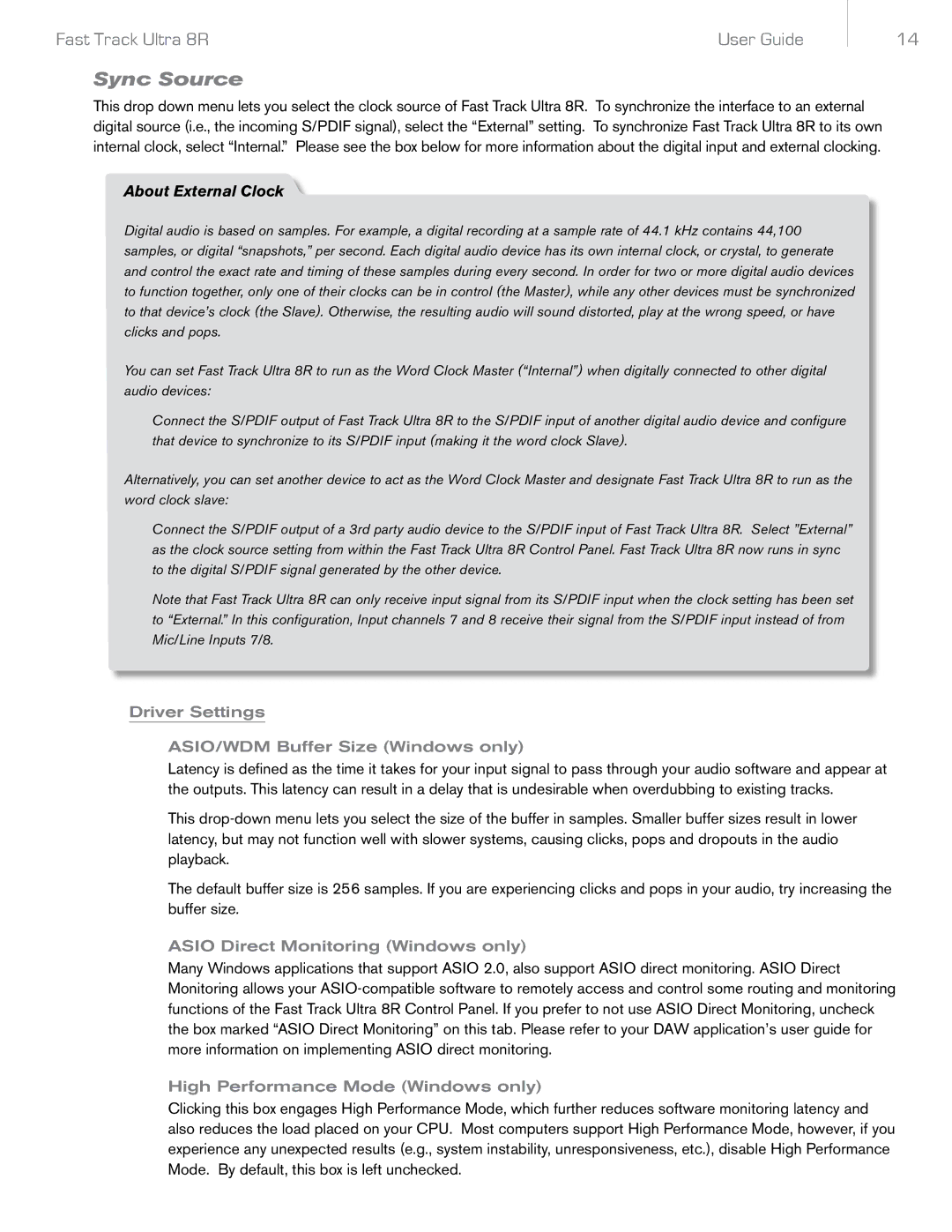 Audio Pro 8R manual Sync Source, Driver Settings ASIO/WDM Buffer Size Windows only, Asio Direct Monitoring Windows only 