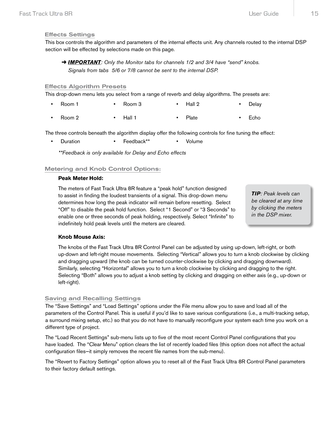 Audio Pro 8R Effects Settings, Effects Algorithm Presets, Metering and Knob Control Options, Saving and Recalling Settings 