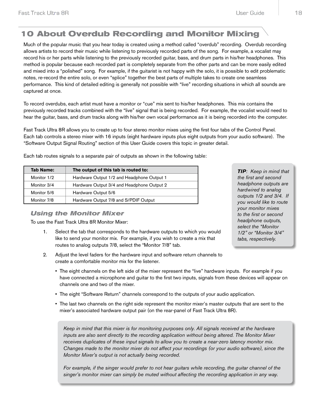 Audio Pro 8R manual About Overdub Recording and Monitor Mixing, Using the Monitor Mixer 