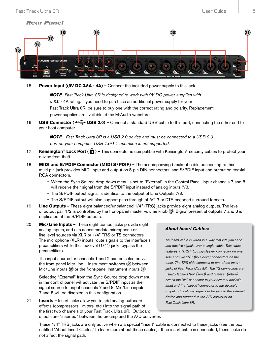 Audio Pro 8R manual Rear Panel, About Insert Cables 