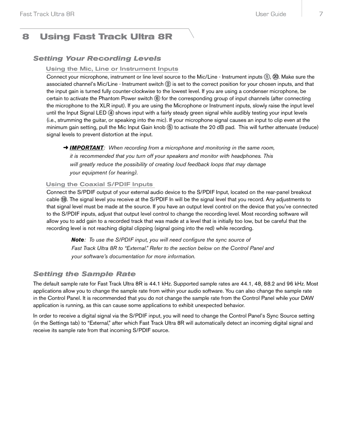 Audio Pro manual Using Fast Track Ultra 8R, Setting Your Recording Levels, Setting the Sample Rate 