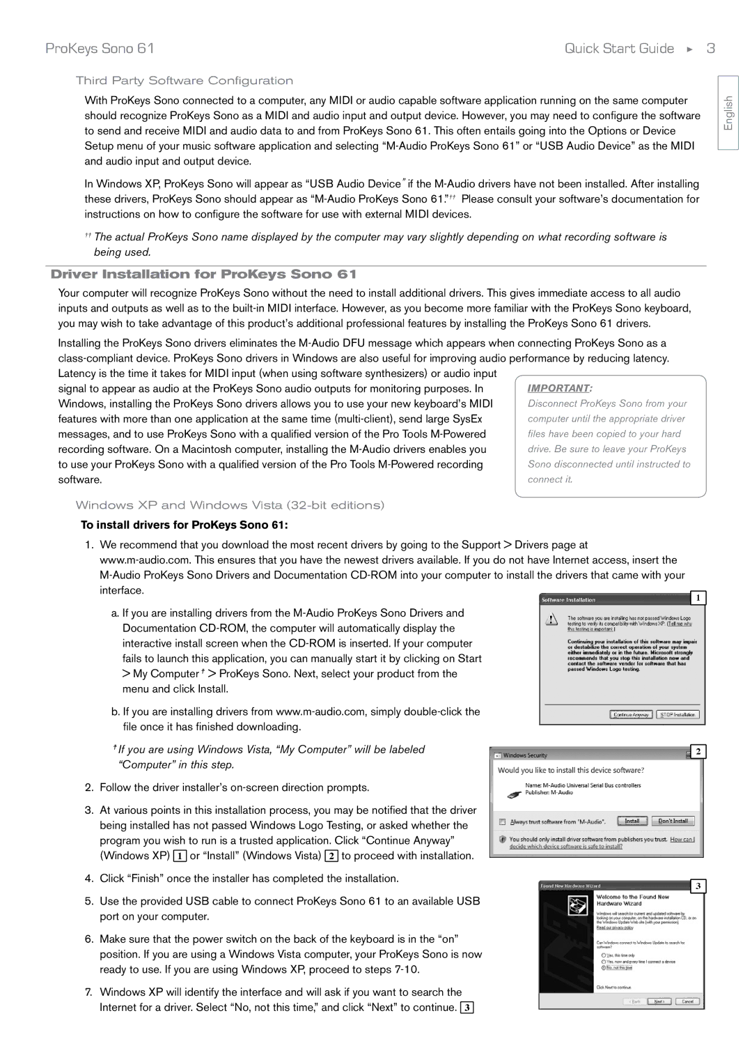 Audio Pro SONO 61 quick start Driver Installation for ProKeys Sono, Third Party Software Configuration 