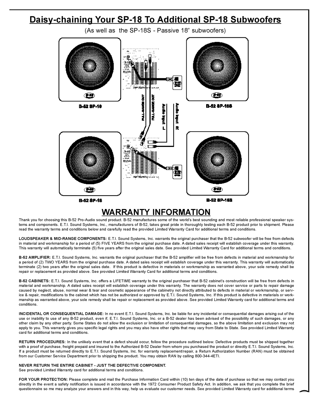 Audio Pro manual Daisy-chaining Your SP-18 To Additional SP-18 Subwoofers, Warranty Information 