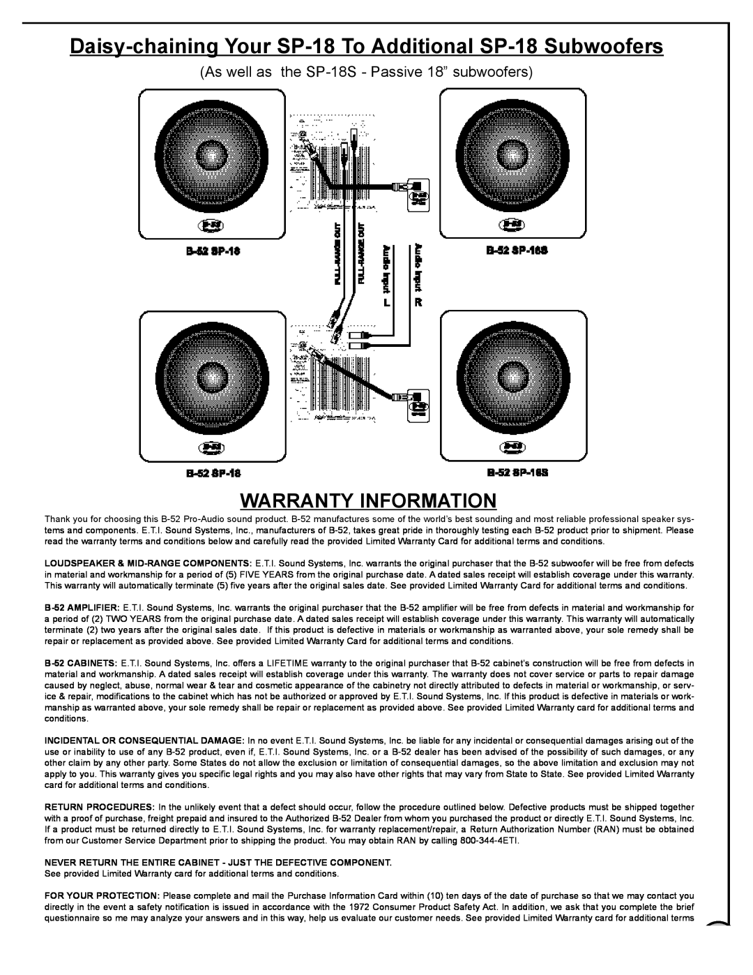 Audio Pro manual Warranty Information, As well as the SP-18S- Passive 18” subwoofers 