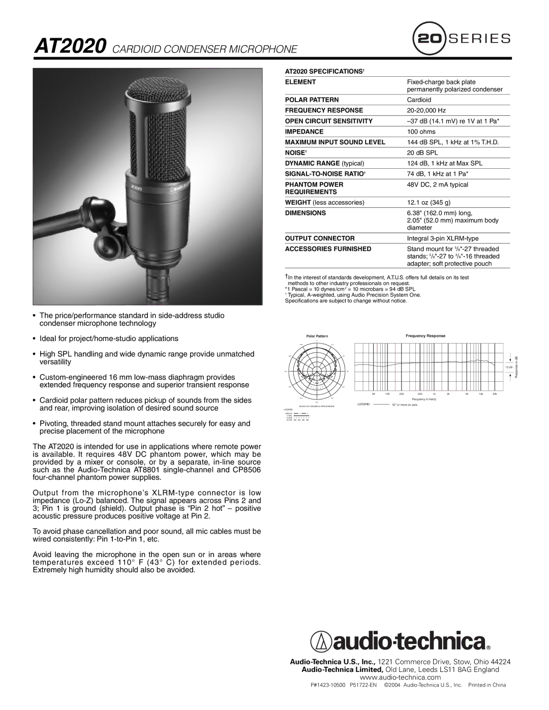 Audio-Technica specifications AT2020 Cardioid Condenser Microphone 