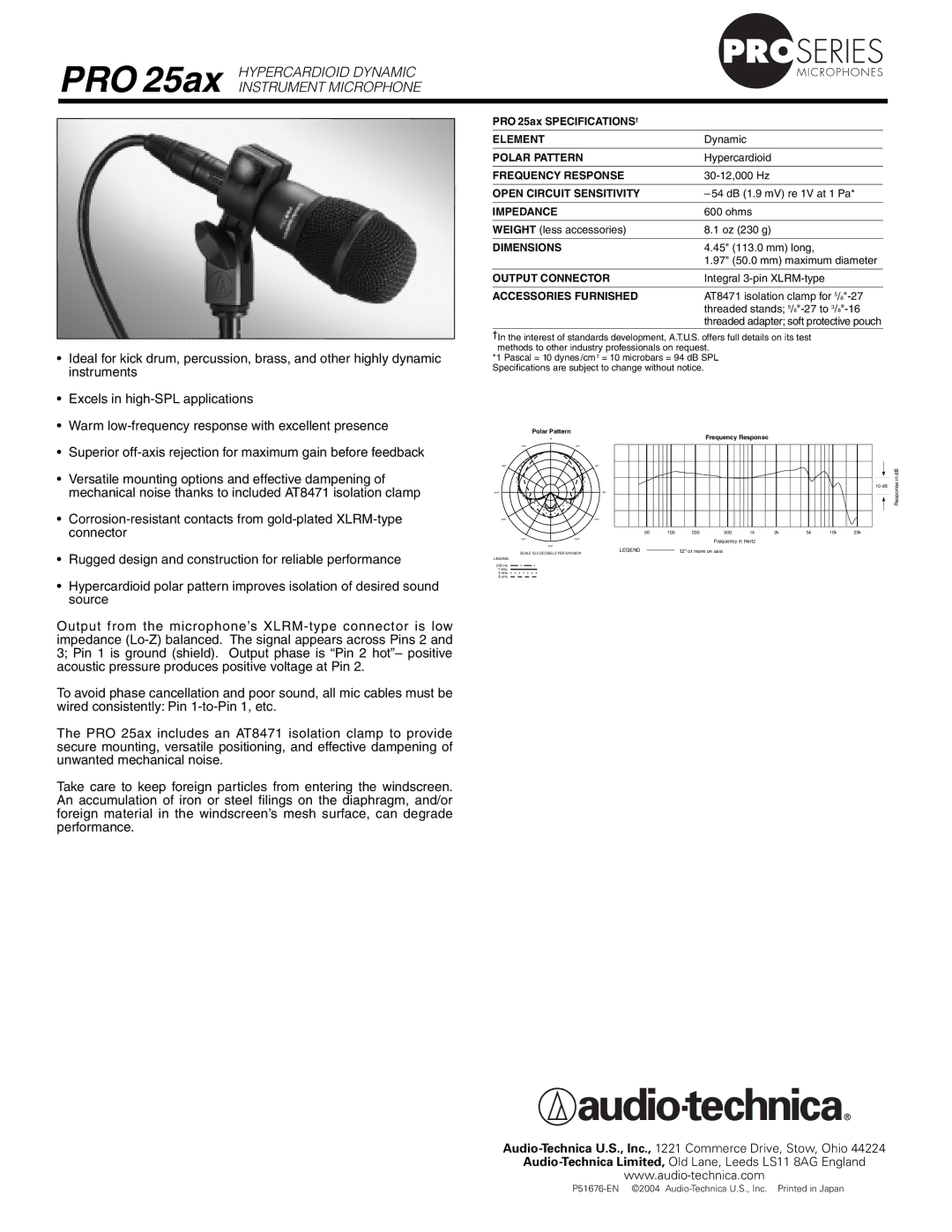 Audio-Technica specifications PRO 25ax, Hypercardioid Dynamic, Instrument Microphone 