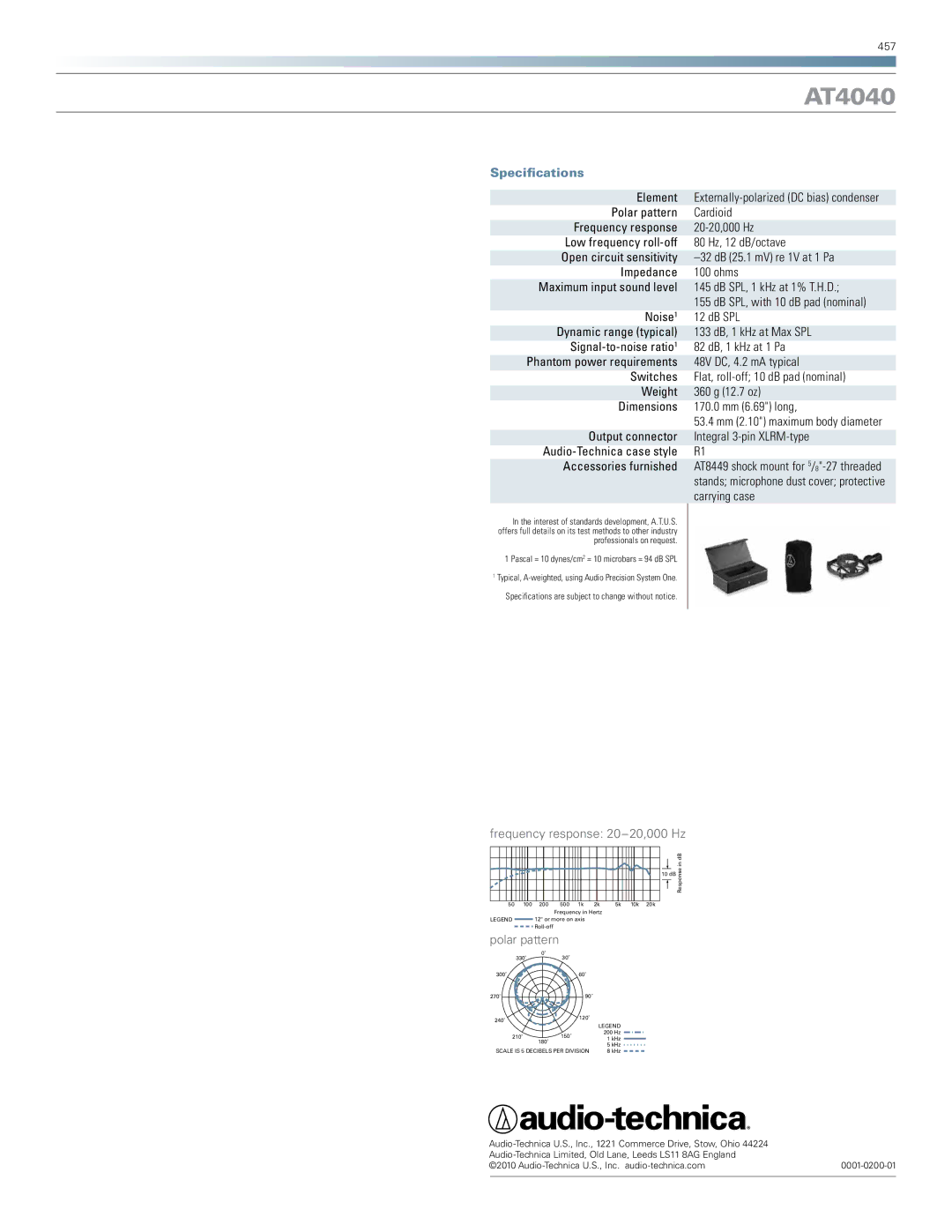 Audio-Technica 40 series studio microphones manual AT4040, Specifications 