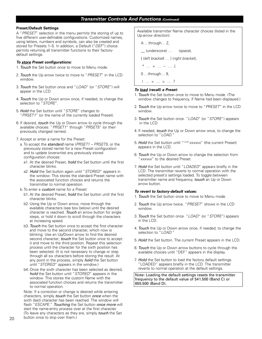 Audio-Technica 5000, 4000 manual Preset/Default Settings, To store Preset configurations 