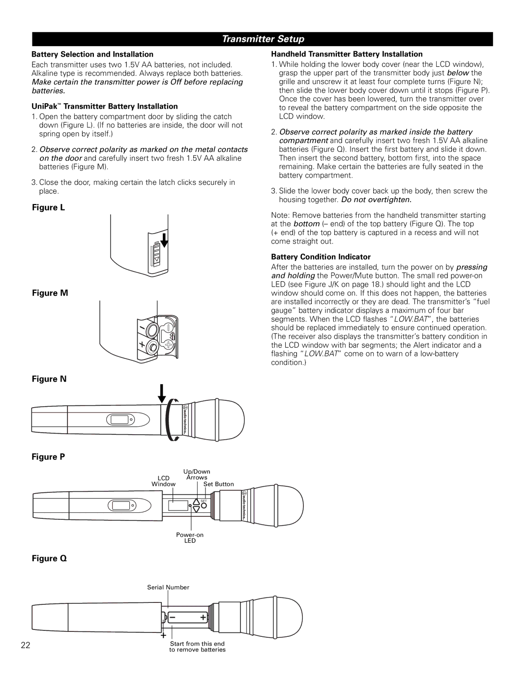 Audio-Technica 5000, 4000 Transmitter Setup, Battery Selection and Installation, UniPak Transmitter Battery Installation 