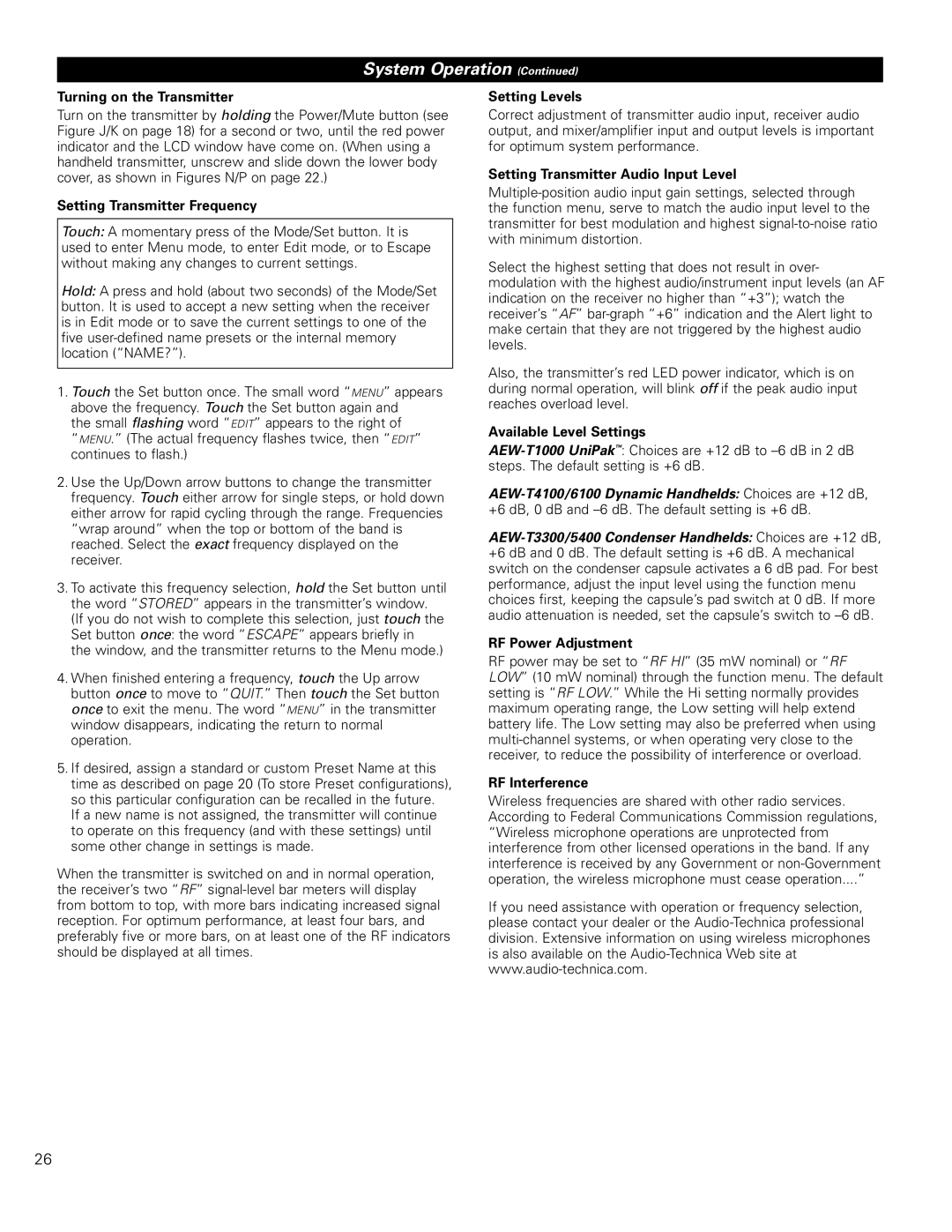 Audio-Technica 5000 Turning on the Transmitter, Setting Transmitter Frequency, Setting Levels, Available Level Settings 