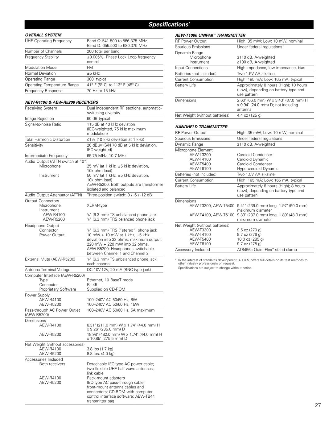 Audio-Technica 4000, 5000 manual Specifications†, Overall System 