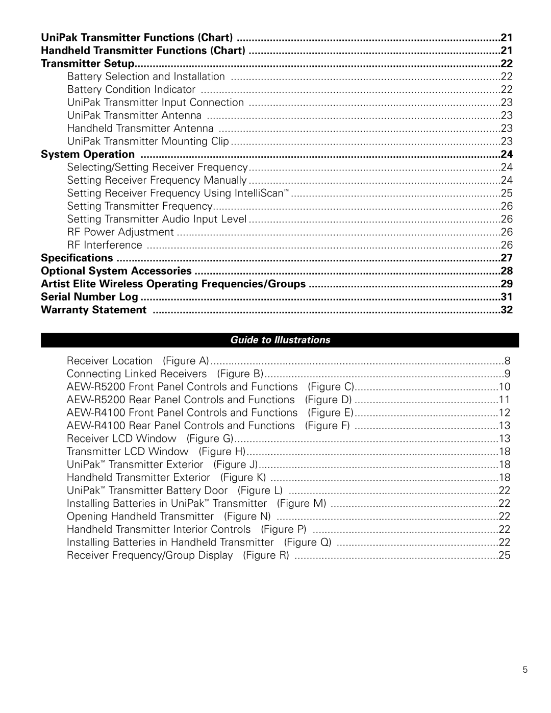 Audio-Technica 4000, 5000 manual UniPak Transmitter Functions Chart, Guide to Illustrations 