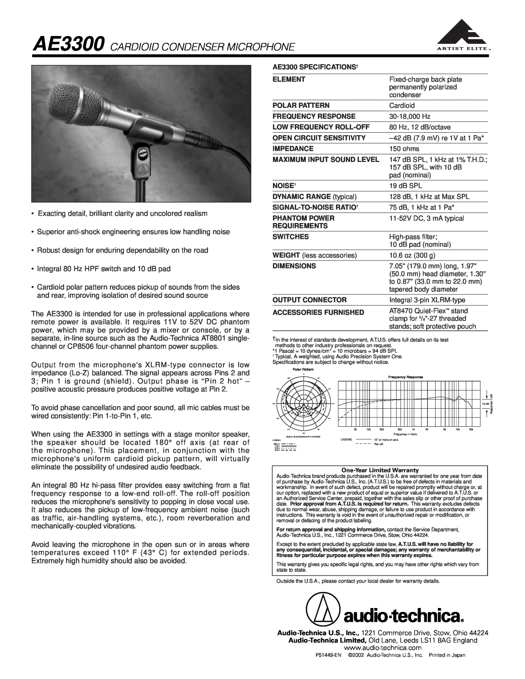 Audio-Technica warranty AE3300 CARDIOID CONDENSER MICROPHONE 