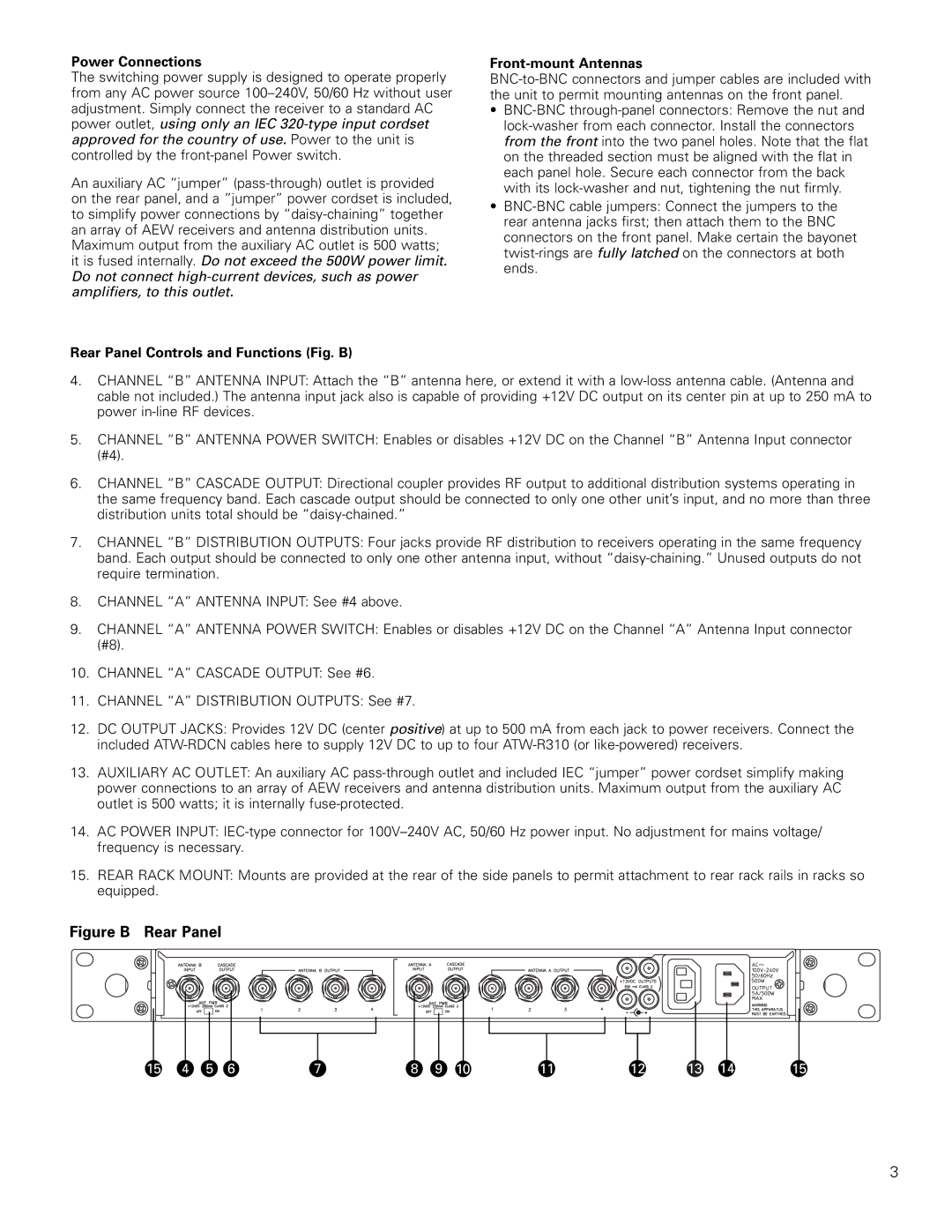 Audio-Technica AEW-DA550C, AEW-DA660D manual Figure B Rear Panel, Power Connections 