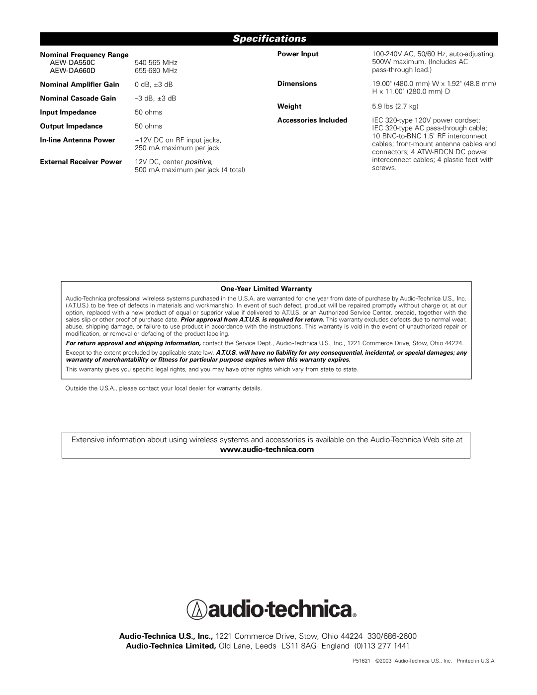 Audio-Technica AEW-DA660D, AEW-DA550C manual Specifications, Accessories Included 