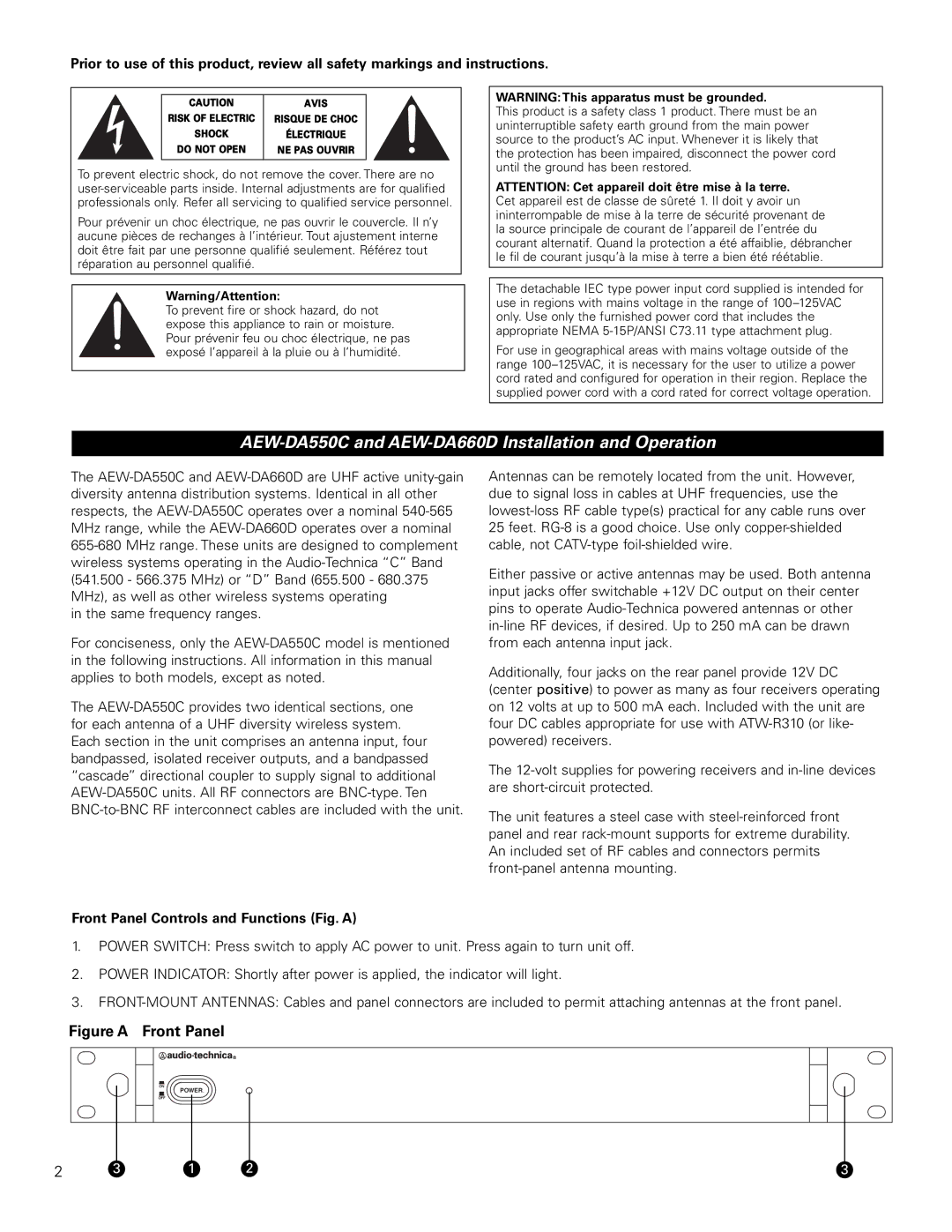 Audio-Technica manual AEW-DA550C and AEW-DA660D Installation and Operation, Front Panel Controls and Functions Fig. a 