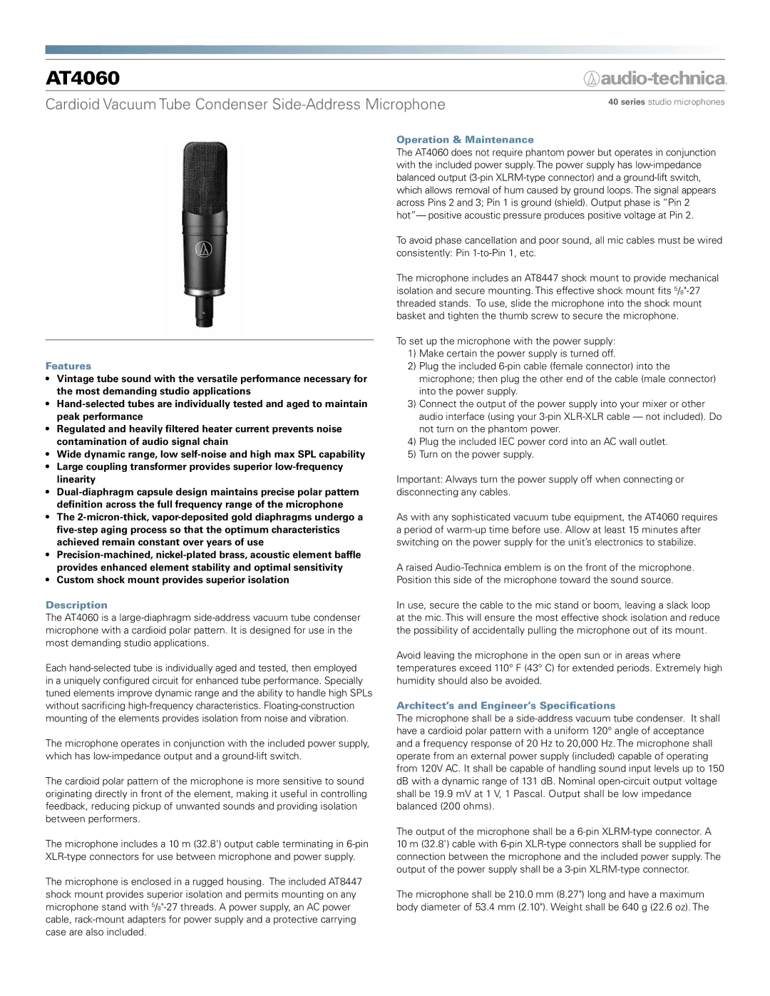 Audio-Technica AT 4060 manual Features, Description, Operation & Maintenance, Architect’s and Engineer’s Specifications 