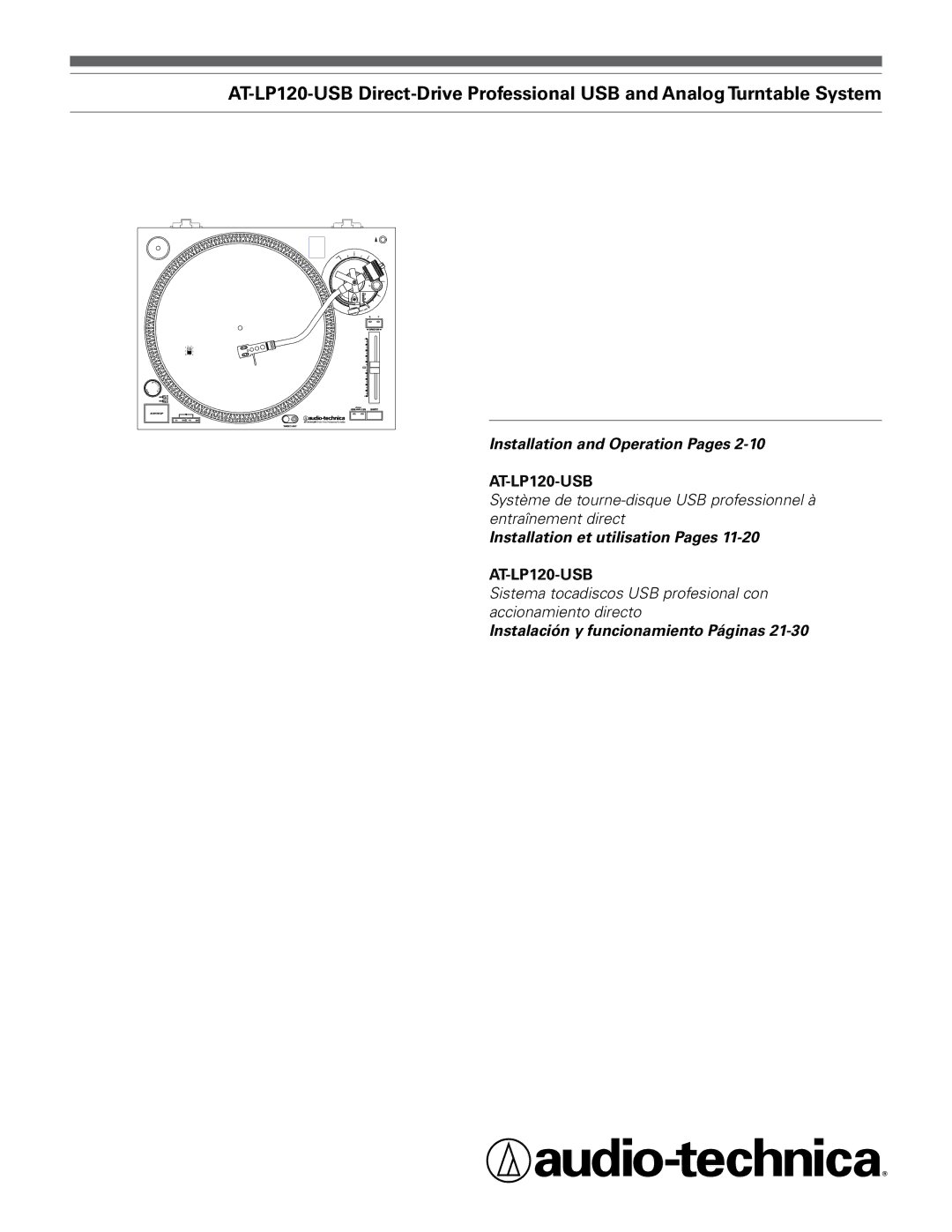 Audio-Technica AT-LP120-USB manual Installation and Operation Pages 