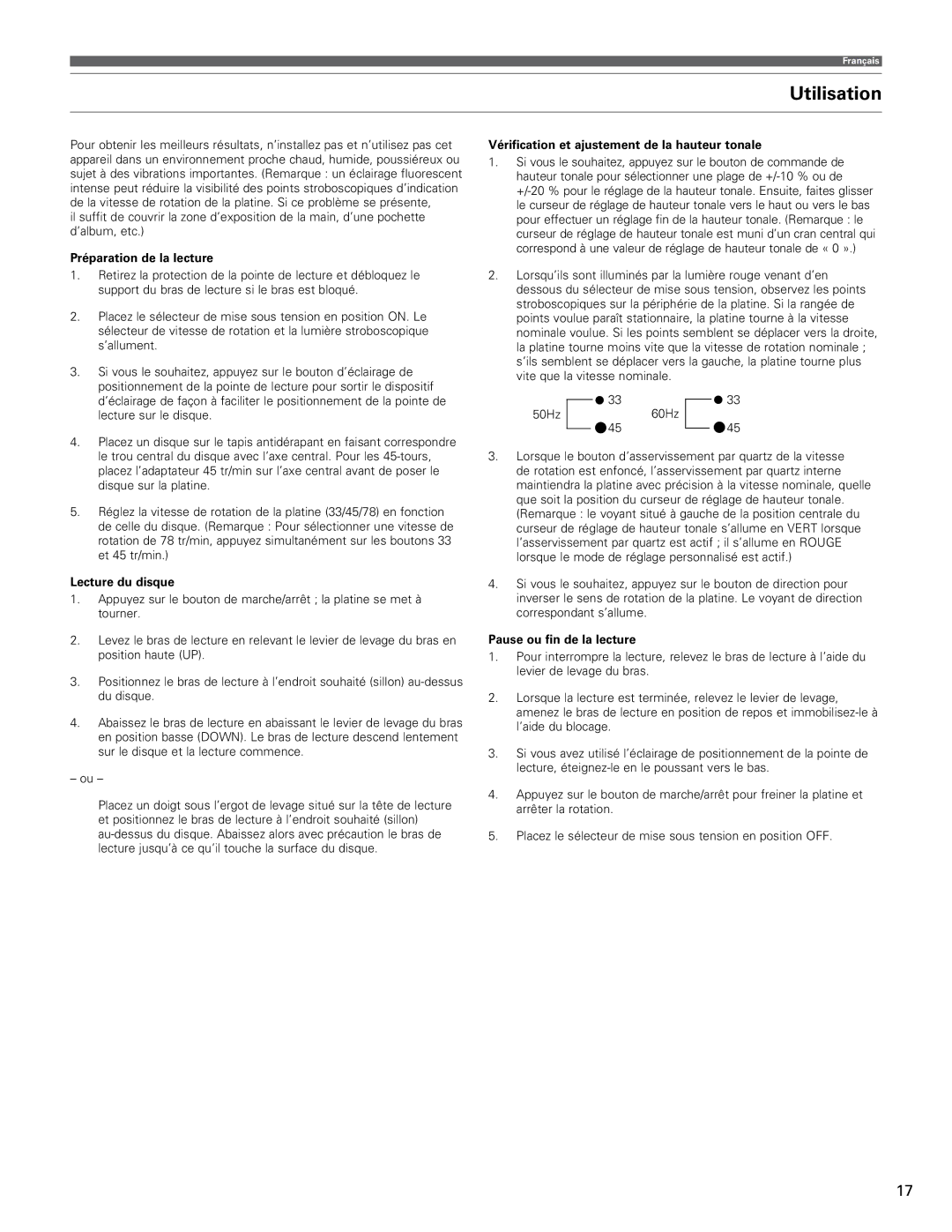 Audio-Technica AT-LP120-USB manual Utilisation, Préparation de la lecture, Lecture du disque, Pause ou fin de la lecture 