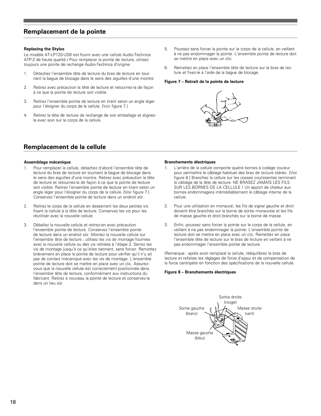 Audio-Technica AT-LP120-USB manual Remplacement de la pointe, Remplacement de la cellule, Assemblage mécanique 