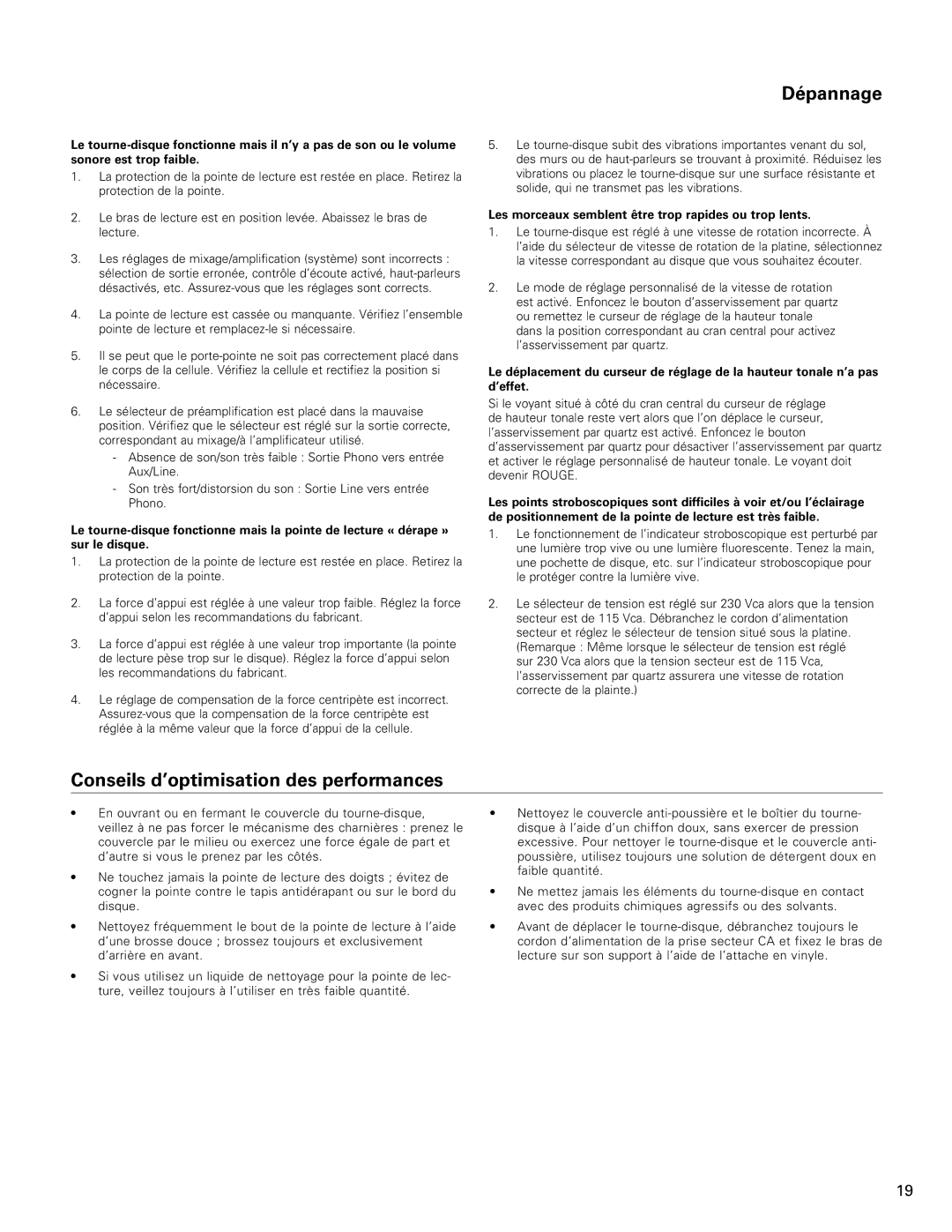 Audio-Technica AT-LP120-USB manual Dépannage, Conseils d’optimisation des performances 