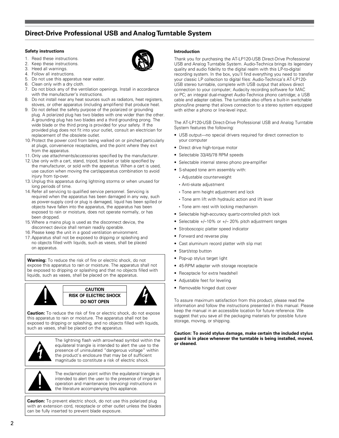 Audio-Technica AT-LP120-USB Direct-Drive Professional USB and Analog Turntable System, Safety instructions, Introduction 