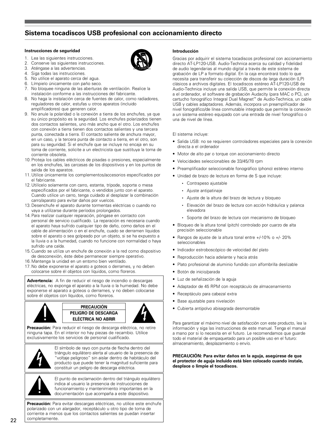 Audio-Technica AT-LP120-USB manual Instrucciones de seguridad, Introducción 