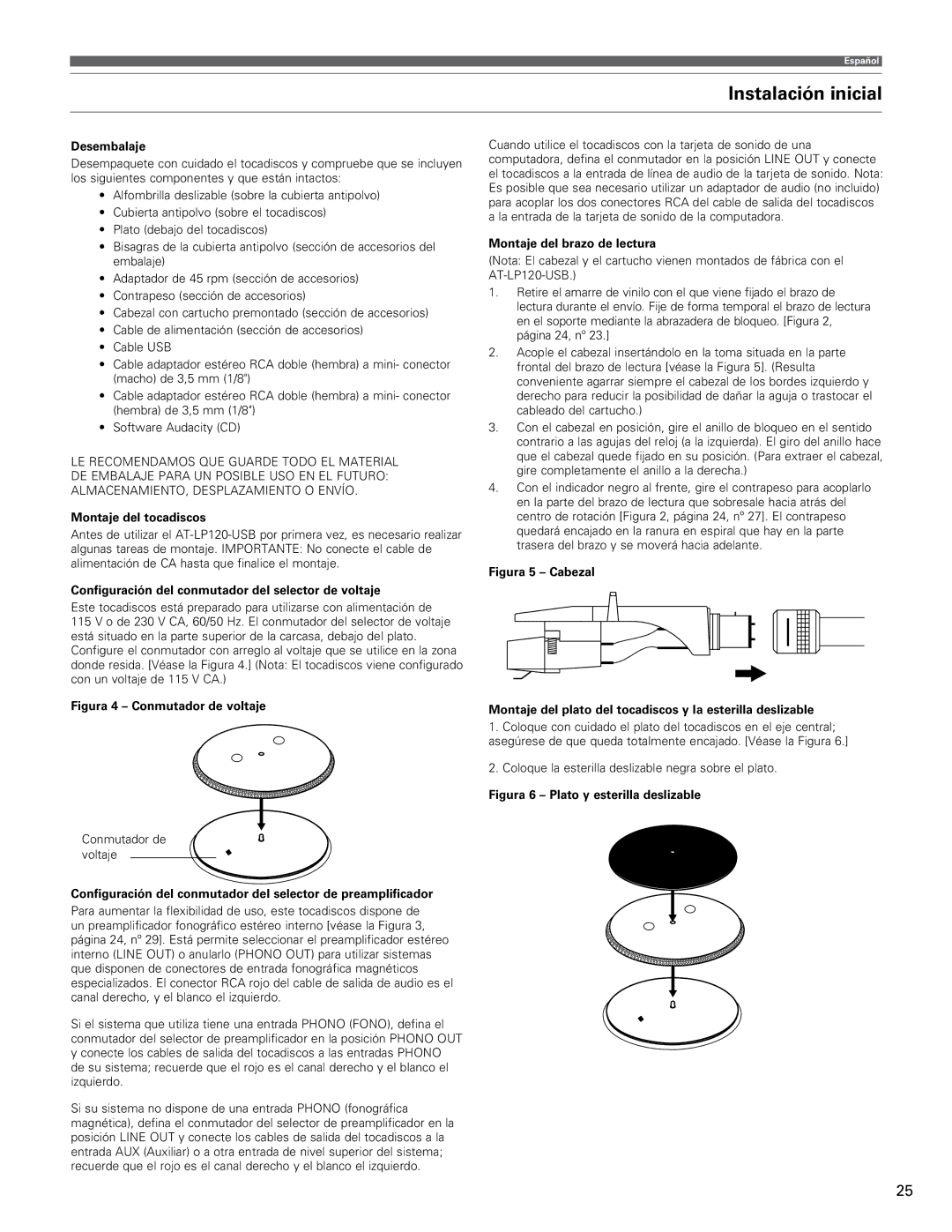 Audio-Technica AT-LP120-USB manual Instalación inicial, Desembalaje, Montaje del tocadiscos, Montaje del brazo de lectura 