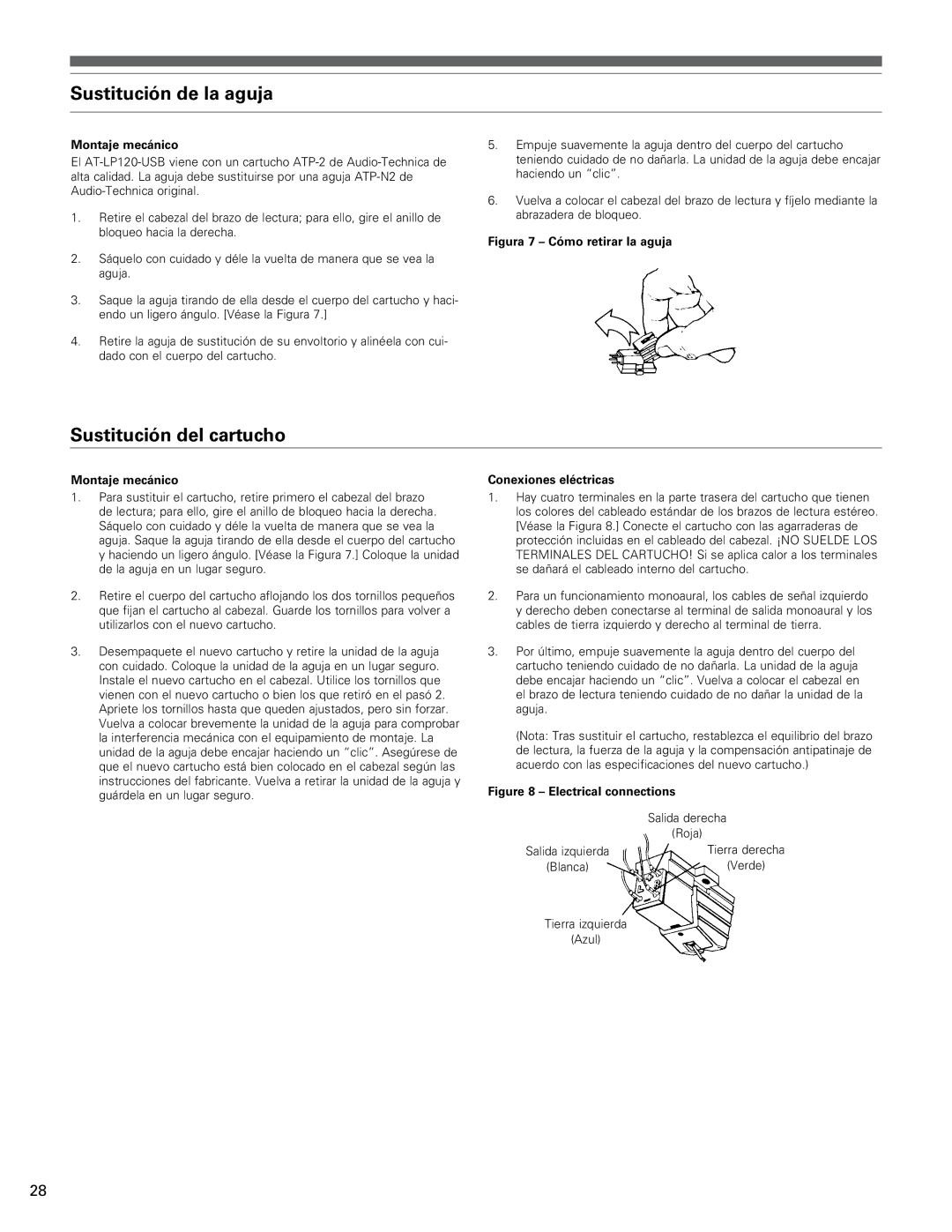 Audio-Technica AT-LP120-USB Sustitución de la aguja, Sustitución del cartucho, Montaje mecánico, Conexiones eléctricas 