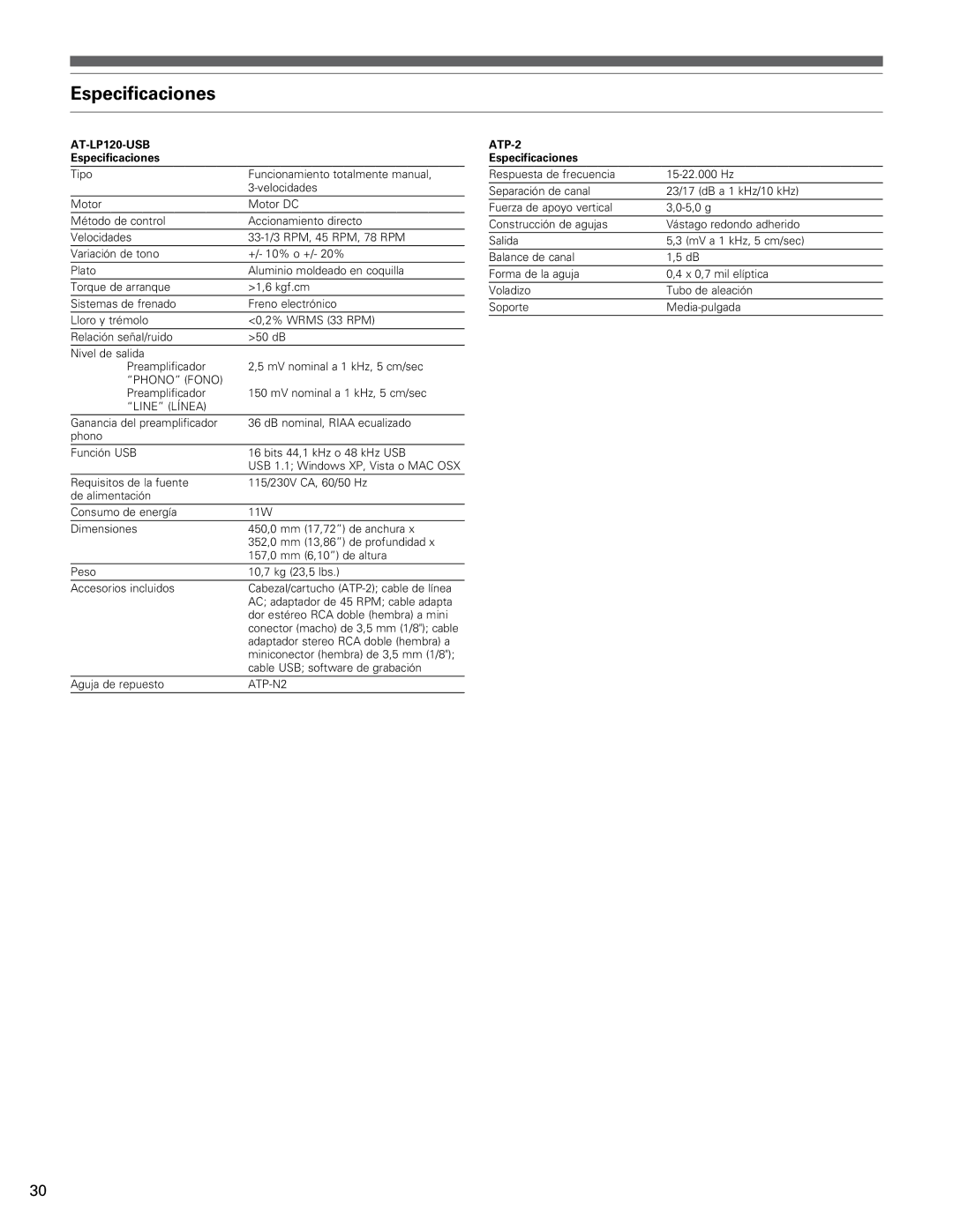 Audio-Technica AT-LP120-USB manual Especificaciones 