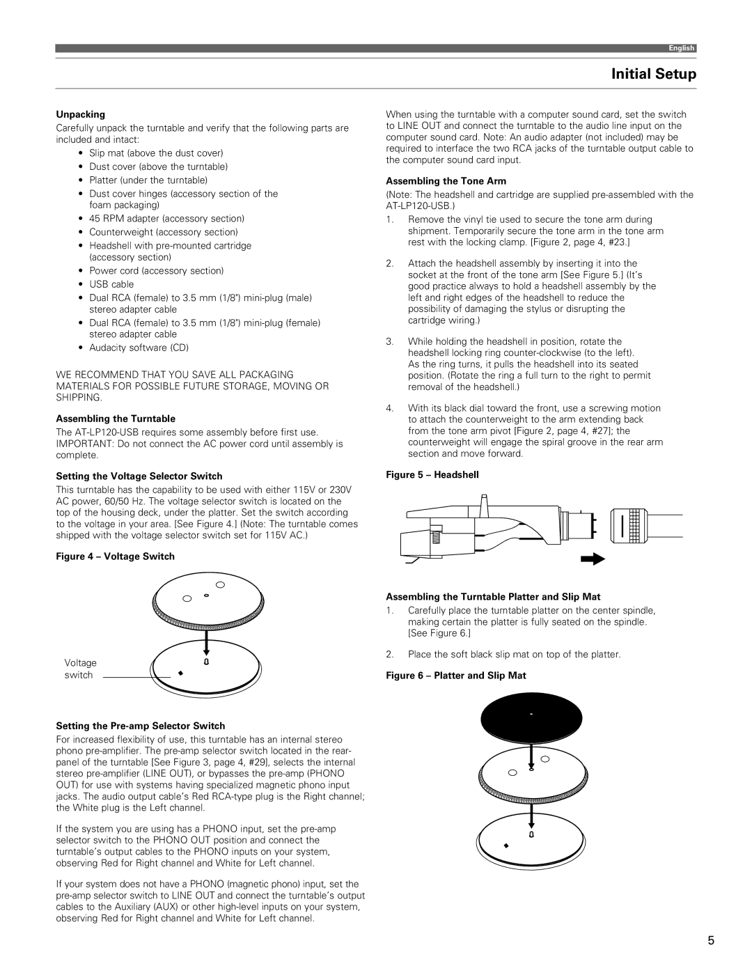 Audio-Technica AT-LP120-USB manual Initial Setup 