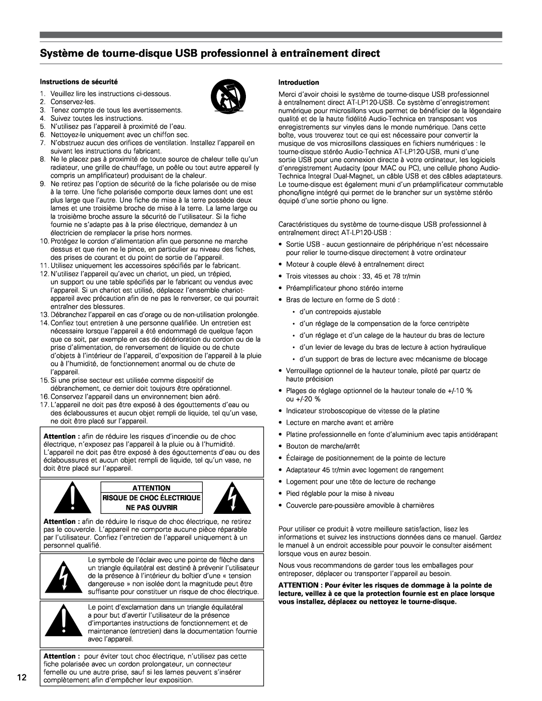 Audio-Technica AT-LP120-USB manual Instructions de sécurité, Risque De Choc Électrique Ne Pas Ouvrir, Introduction 