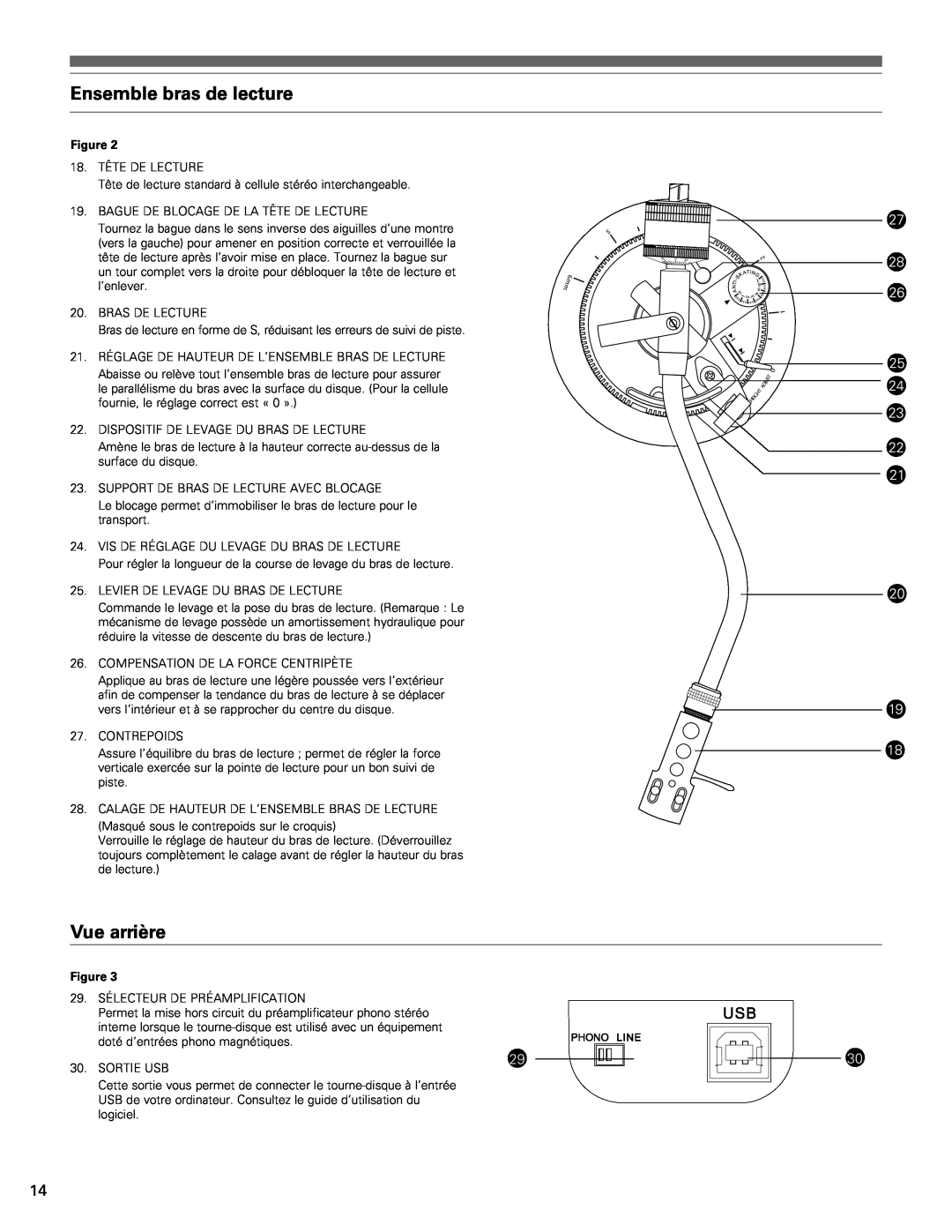 Audio-Technica AT-LP120-USB manual Ensemble bras de lecture, Vue arrière 