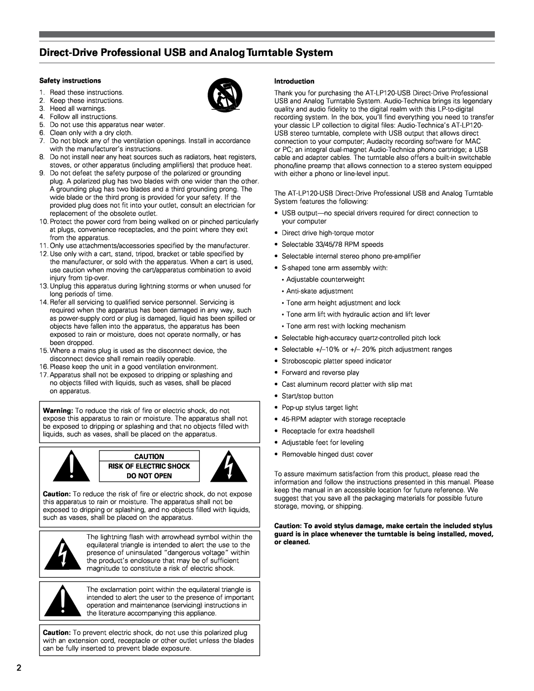 Audio-Technica AT-LP120-USB manual Safety instructions, Risk Of Electric Shock Do Not Open, Introduction 