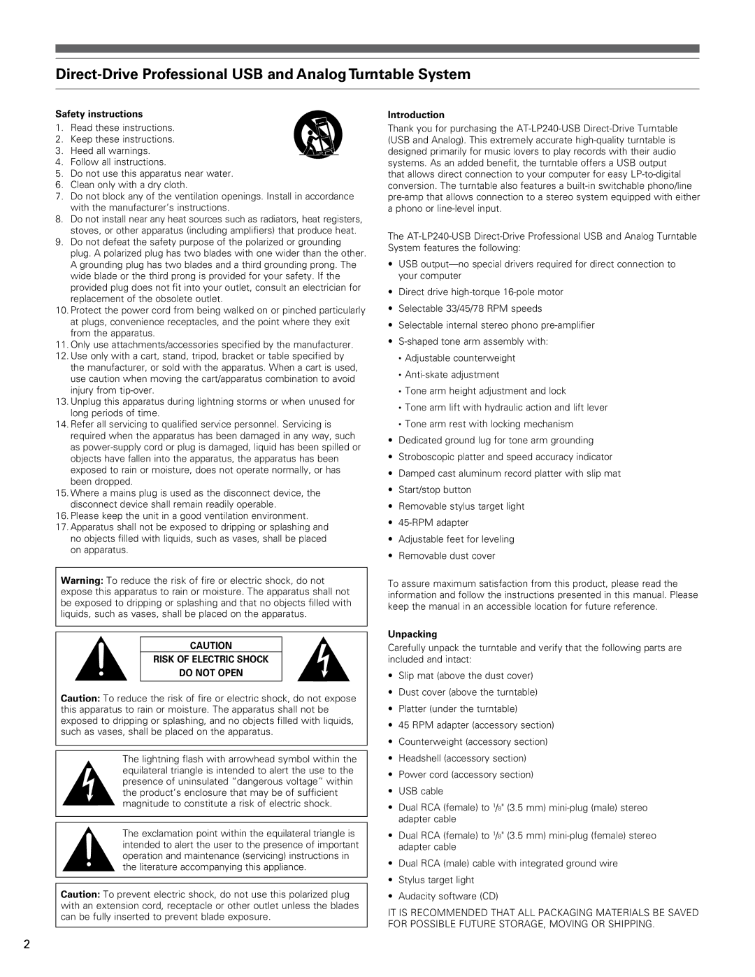 Audio-Technica AT-LP240 manual Direct-Drive Professional USB and Analog Turntable System, Safety instructions, Introduction 