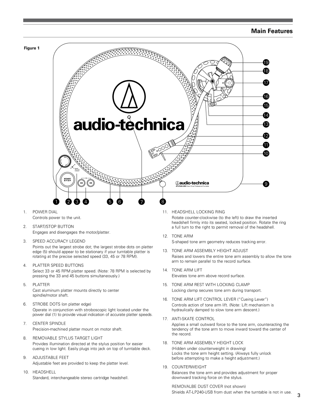 Audio-Technica AT-LP240 manual Main Features 