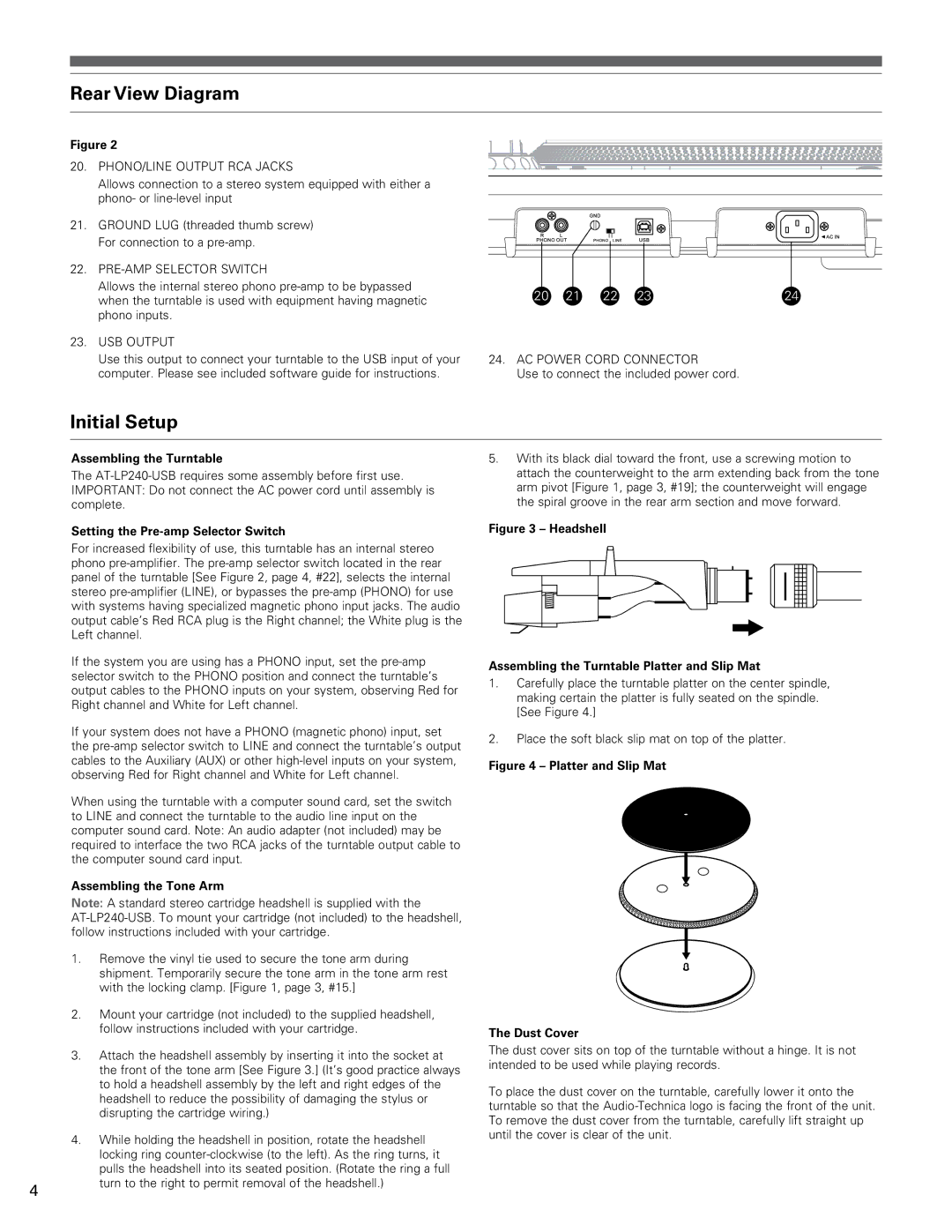 Audio-Technica AT-LP240 manual Rear View Diagram, Initial Setup 