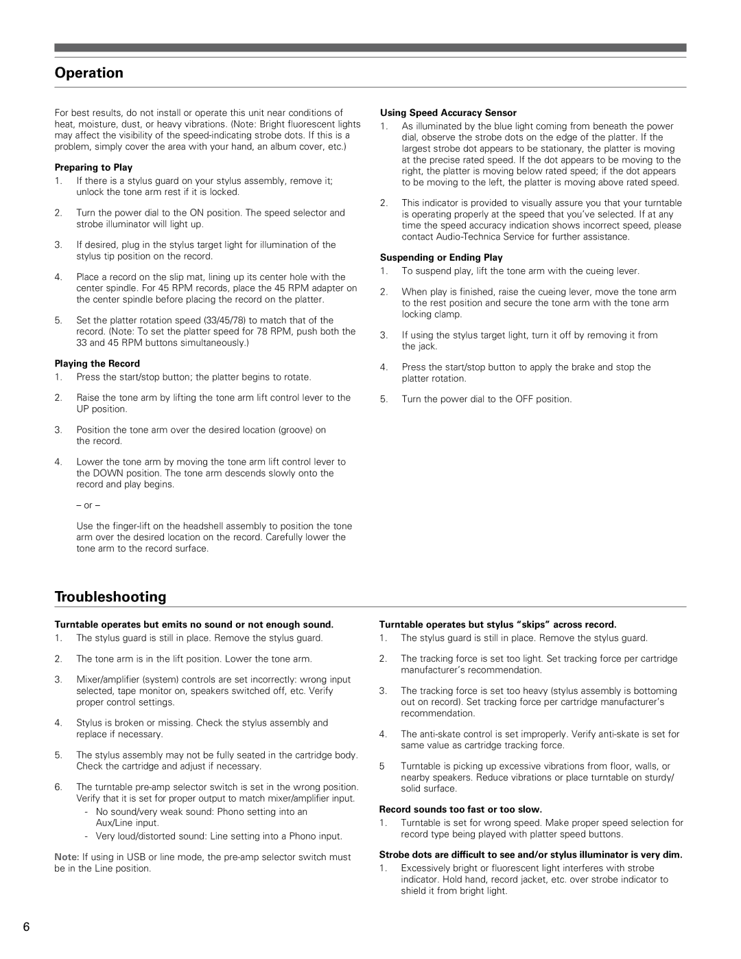 Audio-Technica AT-LP240 manual Operation, Troubleshooting 