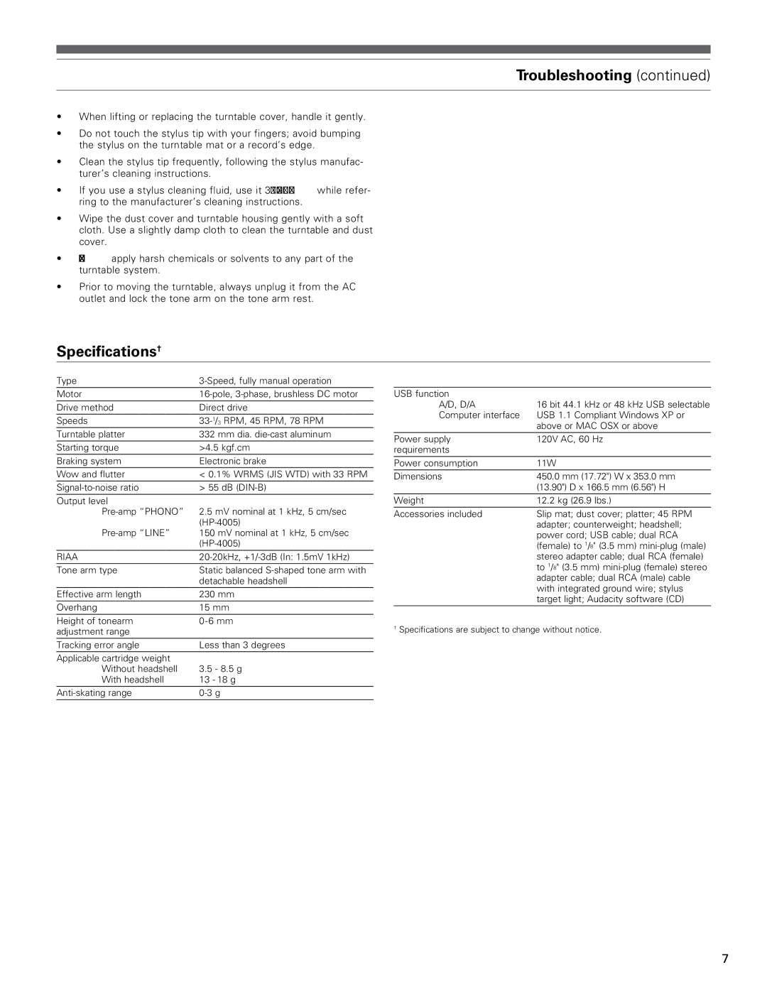 Audio-Technica AT-LP240 manual Specifications†, Riaa 