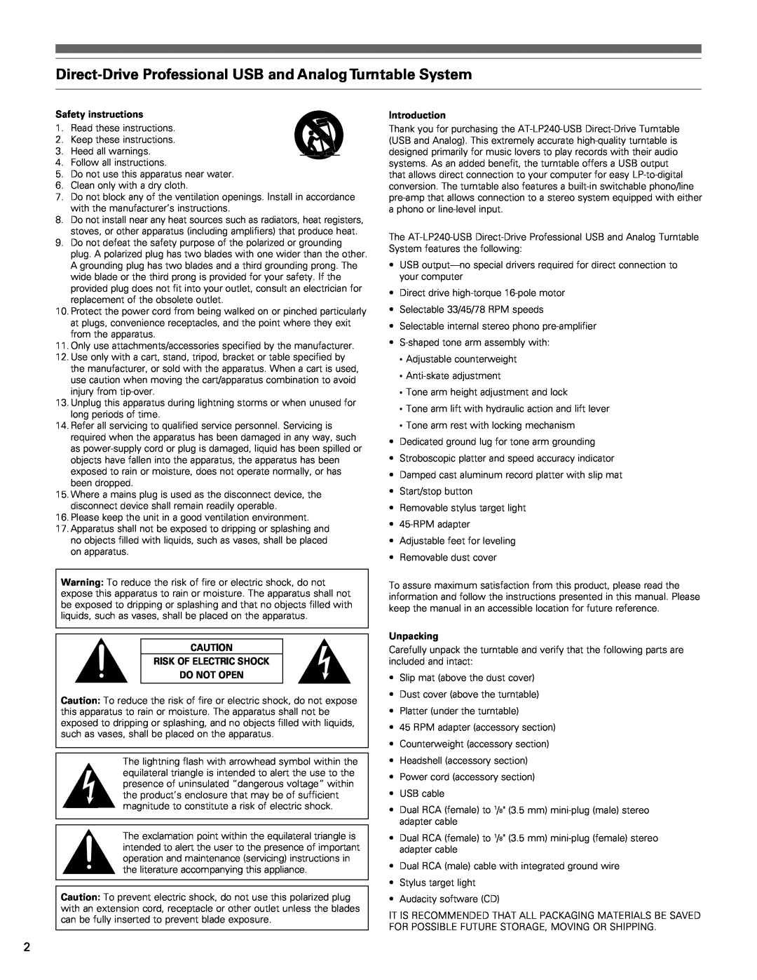 Audio-Technica AT-LP240 manual Safety instructions, Risk Of Electric Shock Do Not Open, Introduction, Unpacking 