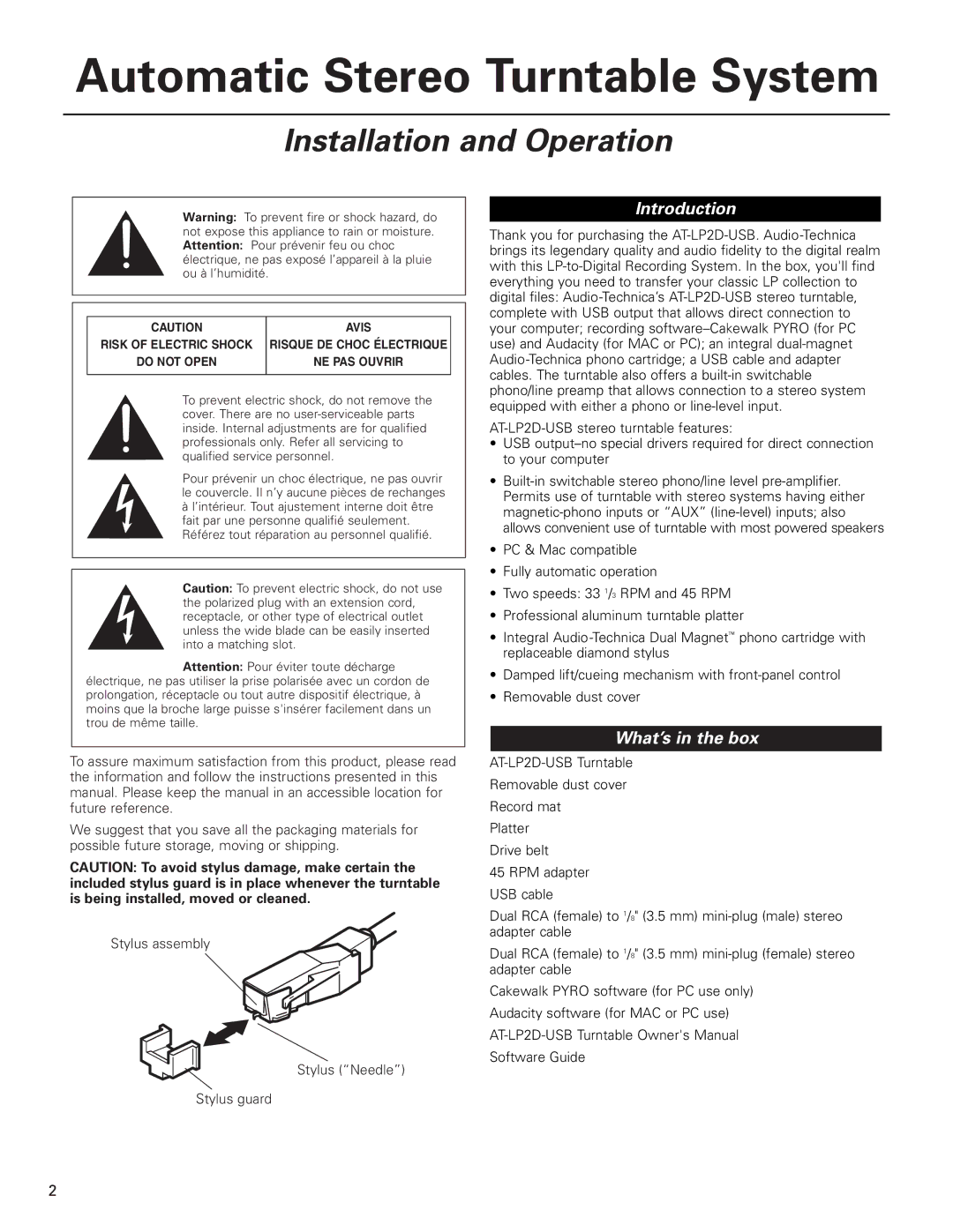 Audio-Technica AT-LP2D-USB manual Introduction, What’s in the box 